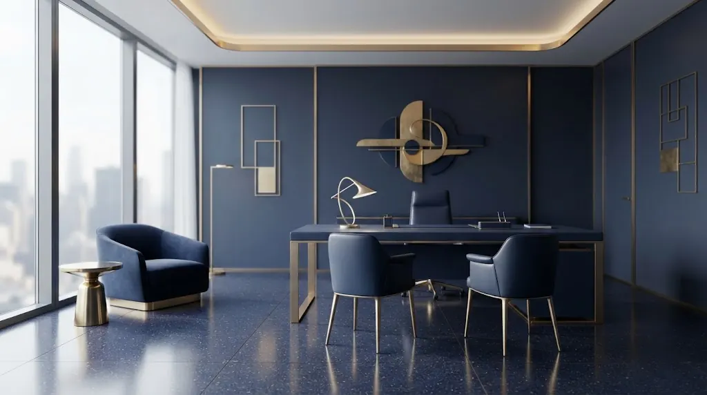 Illustration : bureau aux tons bleu nuit et or