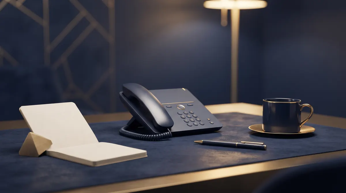 Illustration : téléphone de bureau, carnet et tasse sur un bureau bleu nuit
