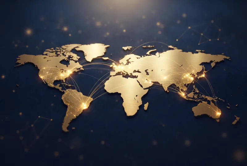 Illustration : carte du monde dorée reliée par des lignes lumineuses