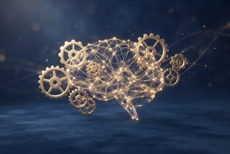 Illustration : cerveau lumineux entouré d'engrenages dorés