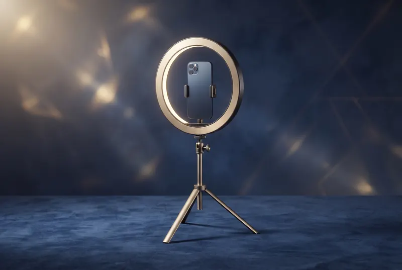 Illustration : anneau lumineux et smartphone sur trépied
