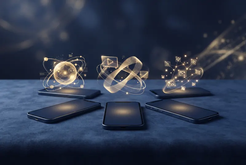 Illustration : téléphones posés à plat, contenus lumineux flottant au-dessus