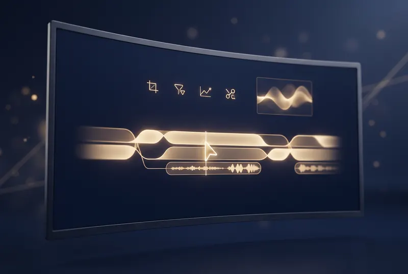Illustration : écran de montage vidéo aux pistes lumineuses dorées